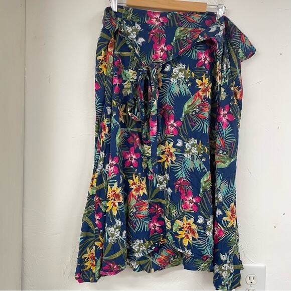 ModCloth Blue Tropical Floral Wrap Style Midi Skirt Womens 3X Bright Beachy - Picture 1 of 10